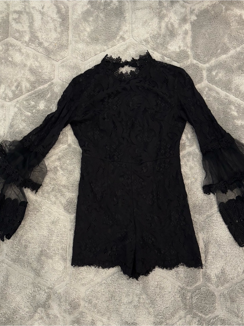 Vici Black Lace High-Neck Romper with Sheer Bell Sleeves